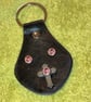 Black Leather Keyring - Catholic Cross Design 3 Pink Gemstones FREE SHIPPING