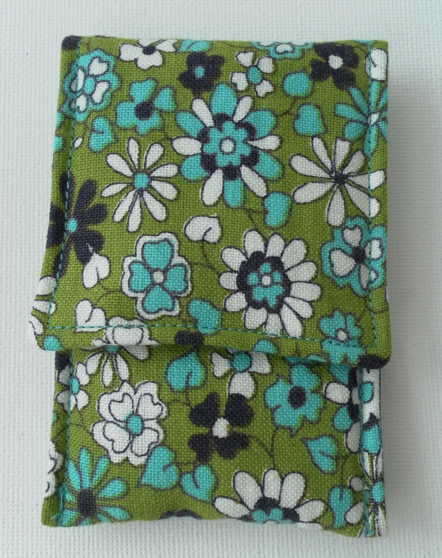  Small Coin Purse, green, turquoise, white and black floral cotton