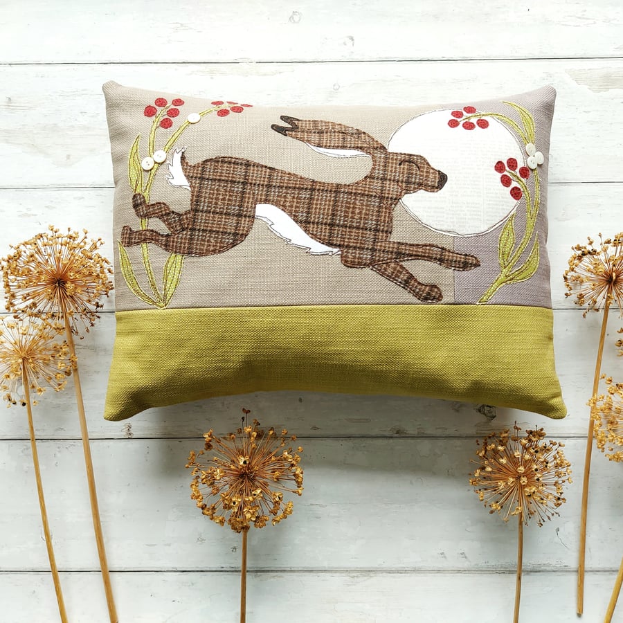 Leaping Hare Cushion with Freemotion Sewn Applique