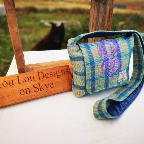 Harris Tweed crossbody bag with embroidered kelpies 