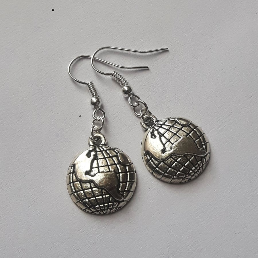 Planet Earth Globe Silver Plate Earrings