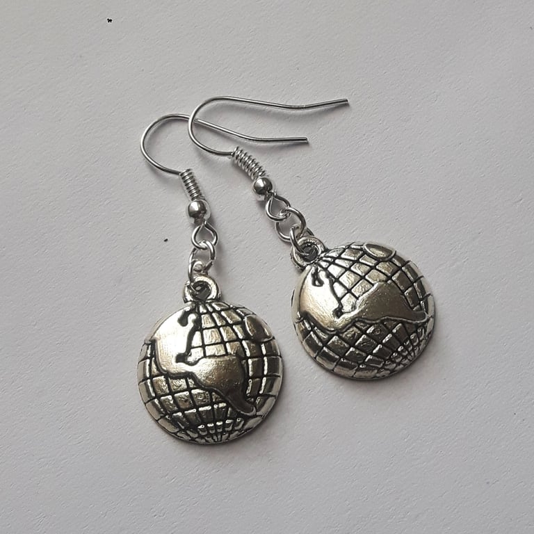 Planet Earth Globe Silver Plate Earrings