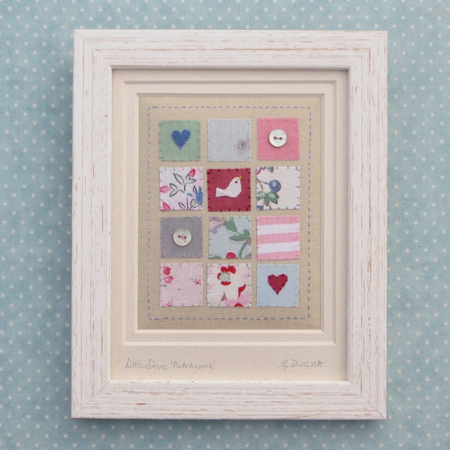 Little Dove Patchwork framed hand-stitched textile made with vintage fabrics