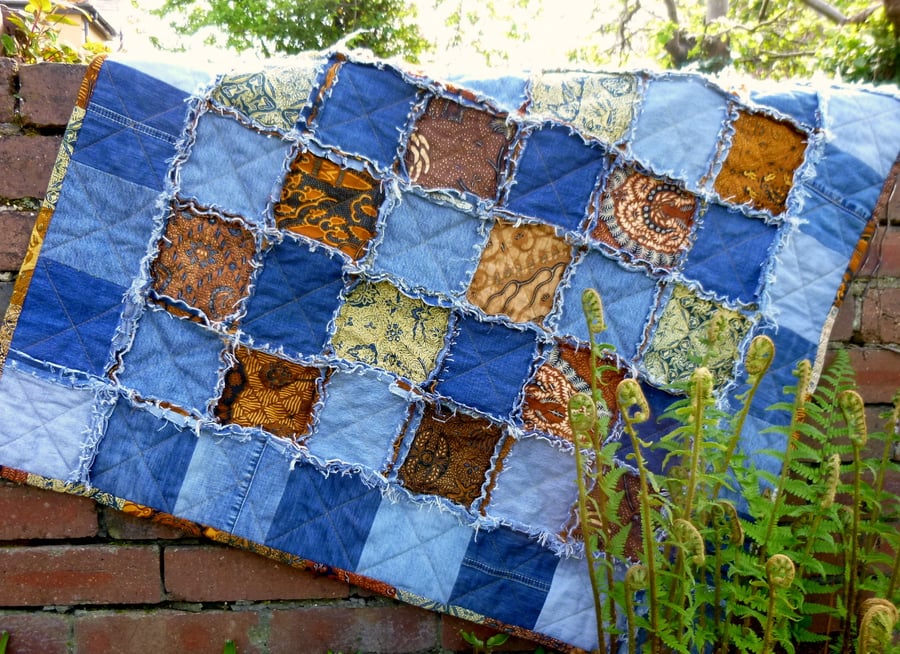 Sale - Eco Patchwork Quilt or Throw -  Denim Jeans Quilt - Teenager