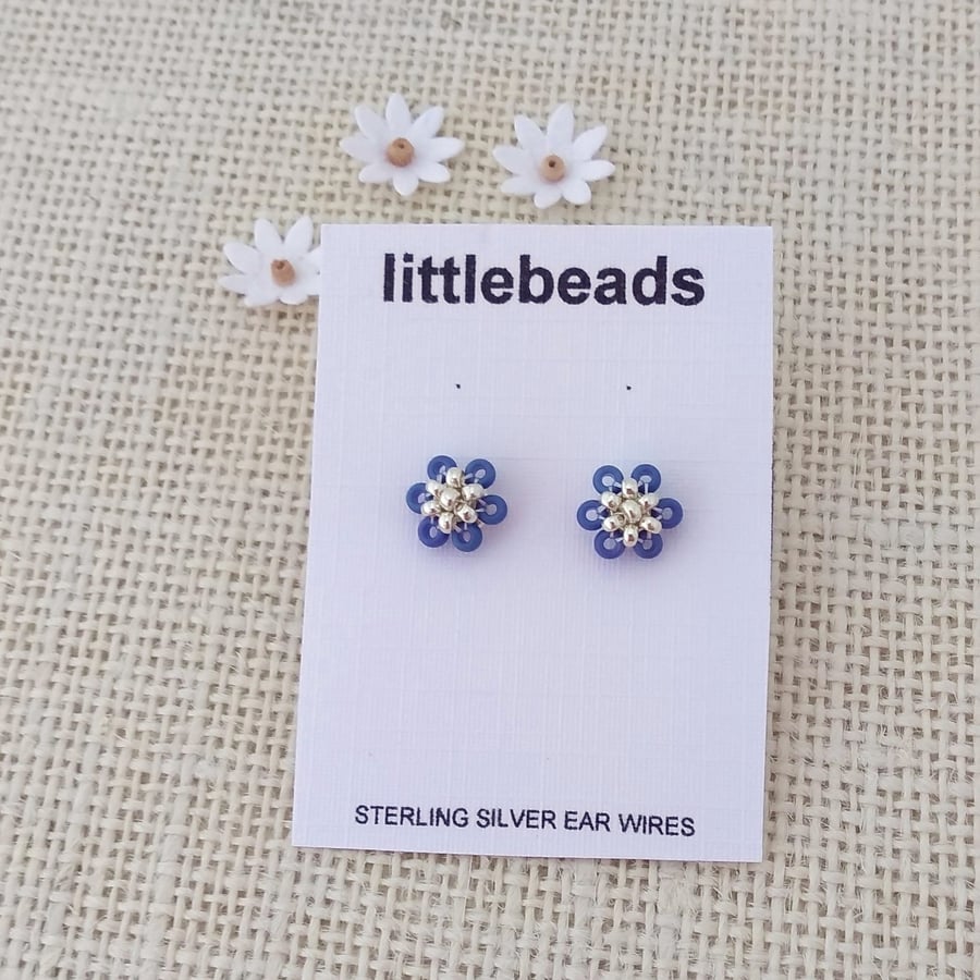 Soft Blue and Silver Flower Beaded Stud Sterling Silver Earrings