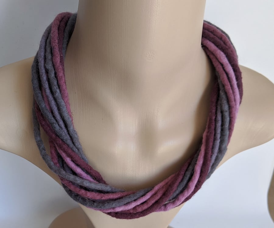 The Twist: felted cord necklace in shades of grey and deep pinks