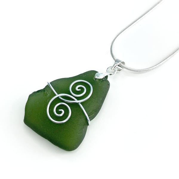 Sea Glass Pendant - Green Beach Glass, Silver Handmade Celtic Necklace Jewellery