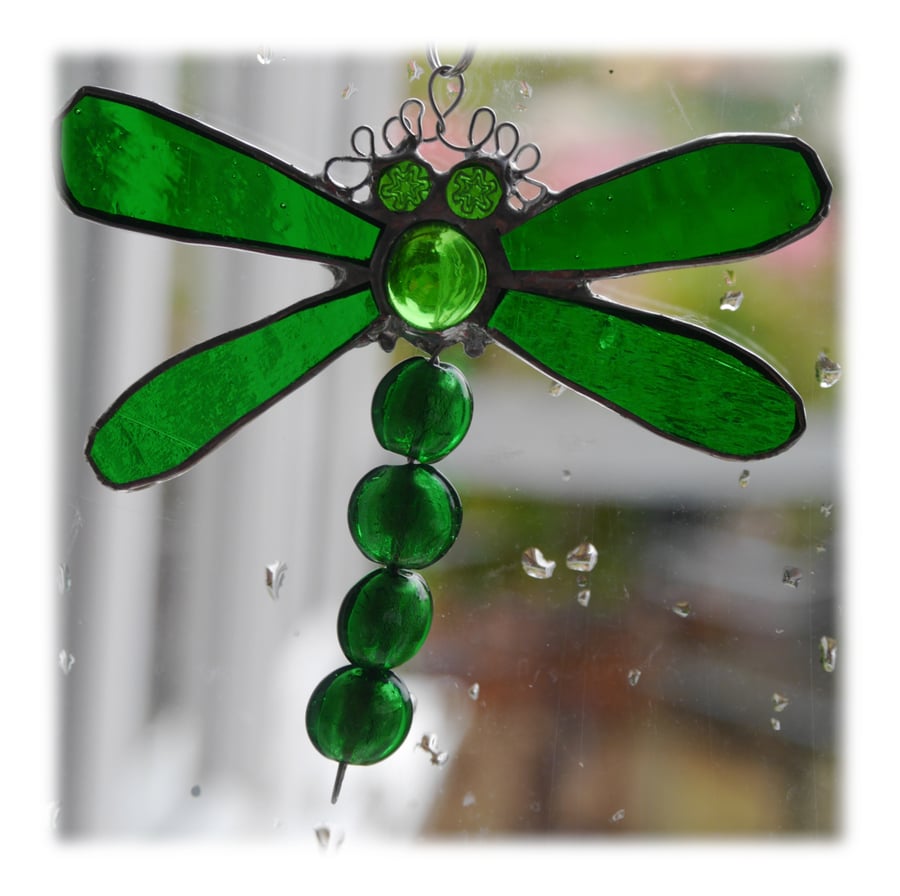 Dragonfly Suncatcher Stained Glass Green Bead-Tailed 030