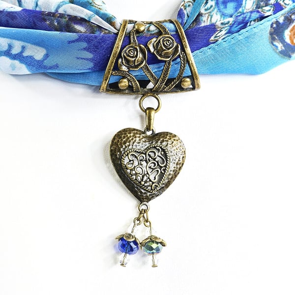 Filigree Heart Scarf Jewellery, Slider Pendant, Crystal Beaded Scarf Ring