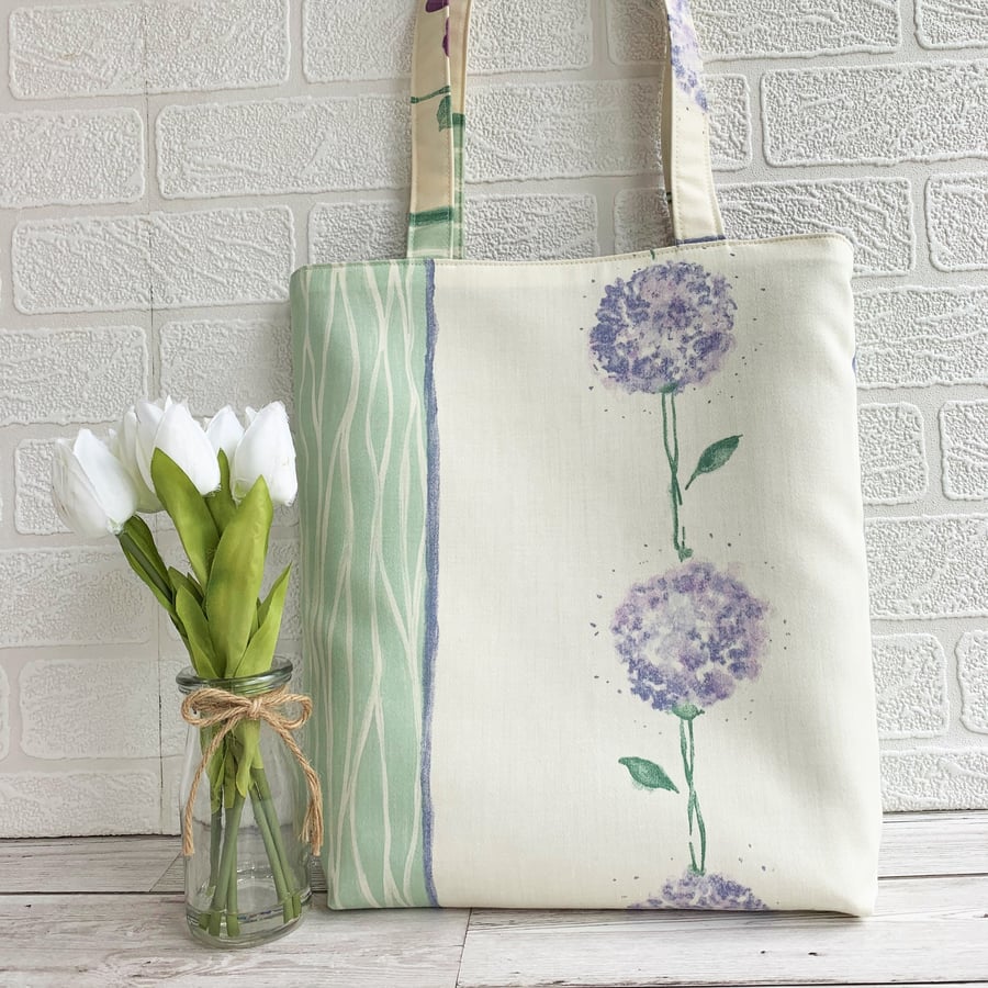 Alliums tote bag with lilac alliums and pale green stripe