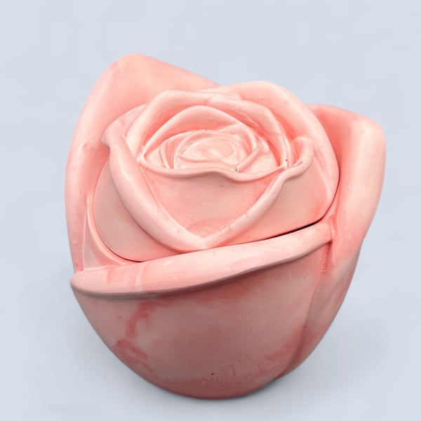 Pink marbled trinket pot with rose lid - handmade jewellery box or keepsake pot