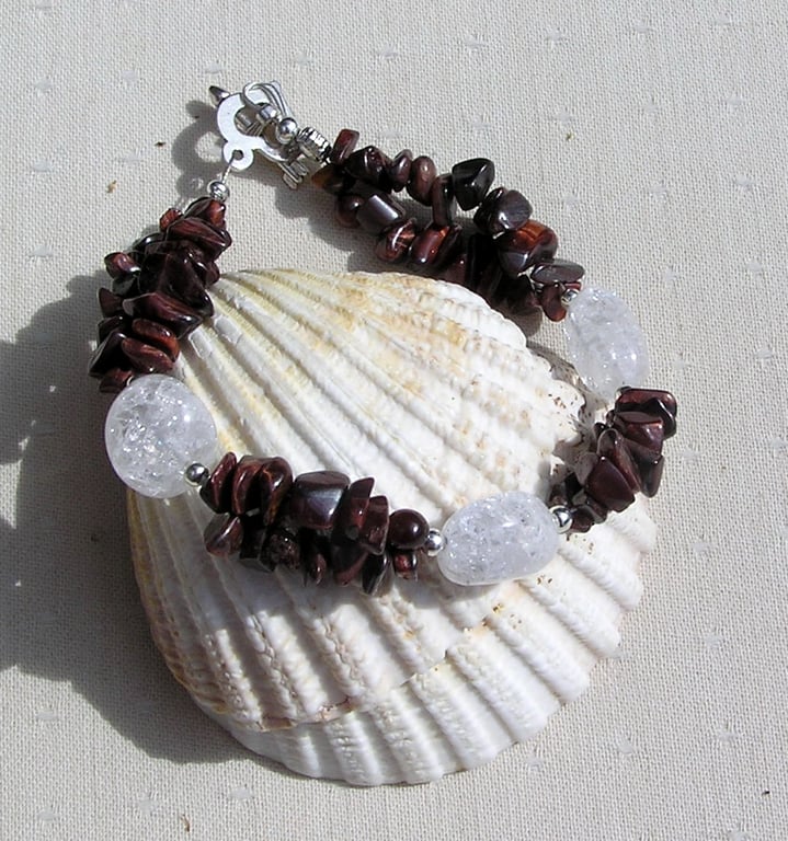 Red Tigers Eye & Crackled Clear Quartz Crystal Gemstone Bracelet "Monarch Dew"