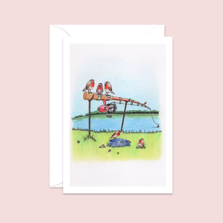 Fishing Rod Greeting Card: Cute Robins Pencil Illustration (212)