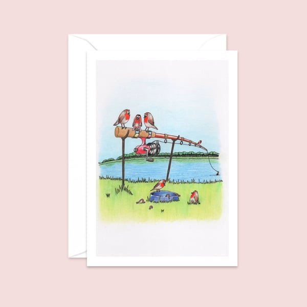 Fishing Rod Greeting Card: Cute Robins Pencil Illustration (212)
