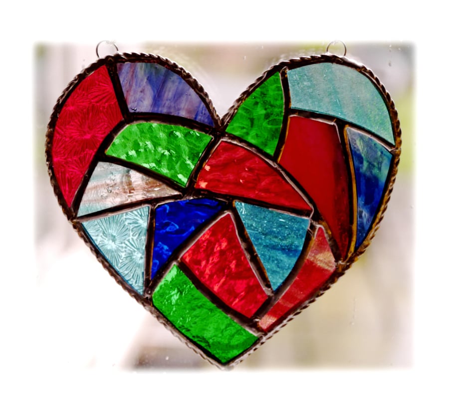 Fat Patchwork Heart Suncatcher Jewel Stained Glass Handmade 