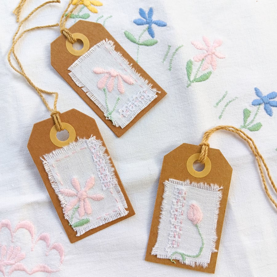 Hand Embroidered Gift Tags - Small - Set of Three - 