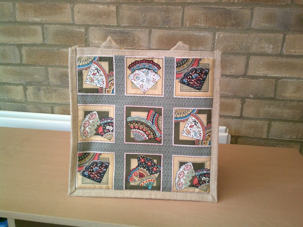 Medium Jute Bag with Fabric Pocket featuring Fans