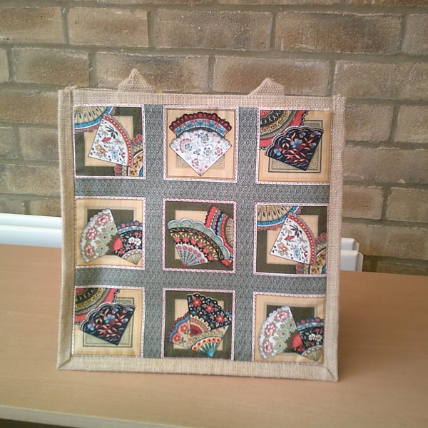 Medium Jute Bag with Fabric Pocket featuring Fans