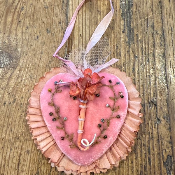Pink Handmade Silk Velvet Heart Ornament