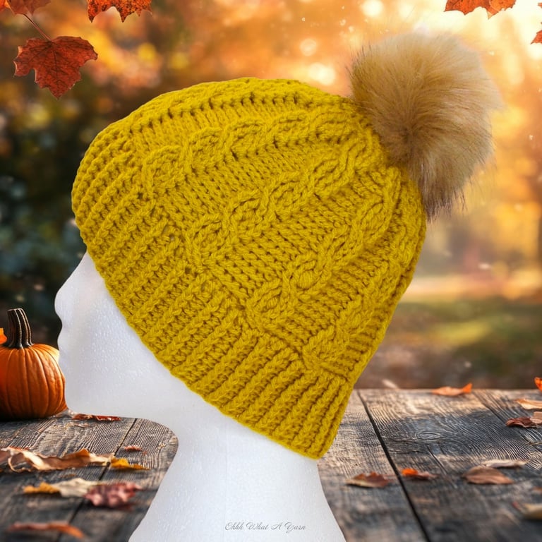 Crochet hat, beanie. Ladies gold mustard cable pom pom hat. Ladies hat.