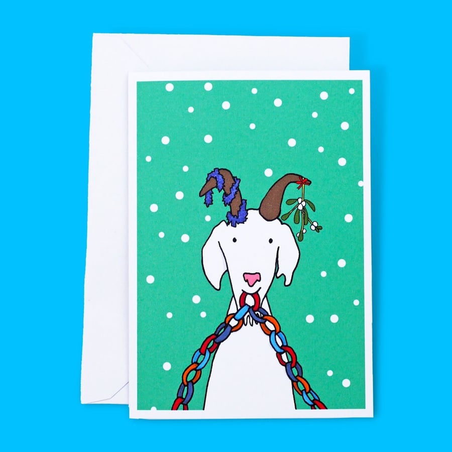 Christmas Goat Tinsel Mistletoe Paper Chain Illustration A6 Greetings Card