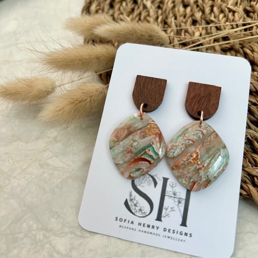 Marbled Sage & Terracotta Dangles with Walnut Wood & Copper Leaf Detail