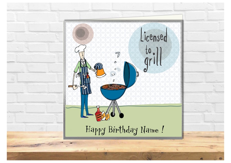 Funny Cartoon Male birthday card, bloke licenced to grill, bloke at the movies