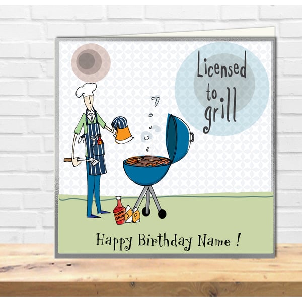 Funny Cartoon Male birthday card, bloke licenced to grill, bloke at the movies