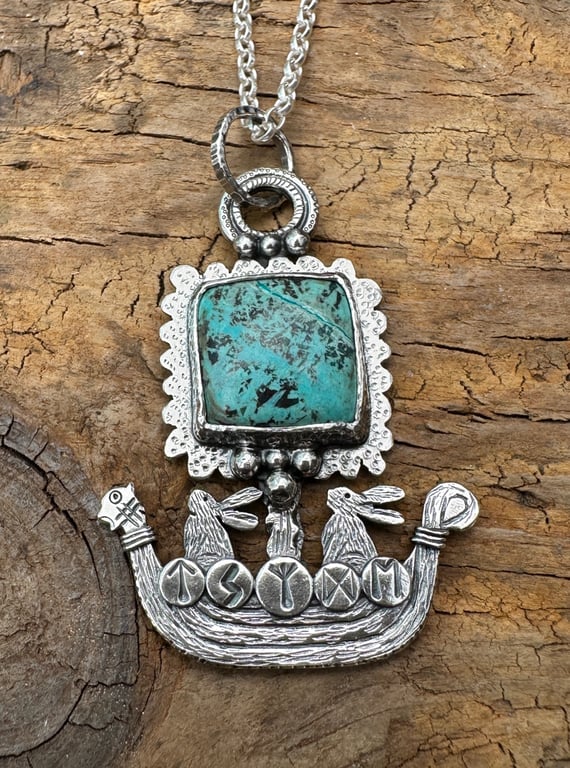 Hare Viking Ship Pendant with Chrysocolla