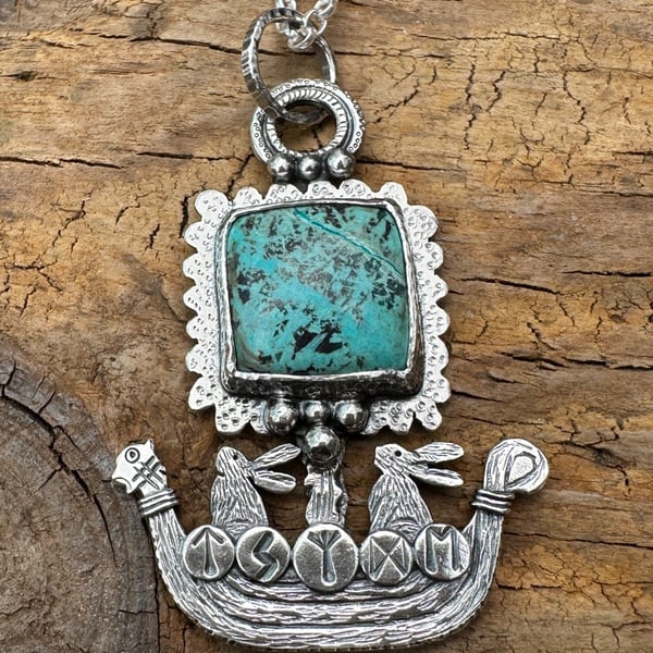 Hare Viking Ship Pendant with Chrysocolla