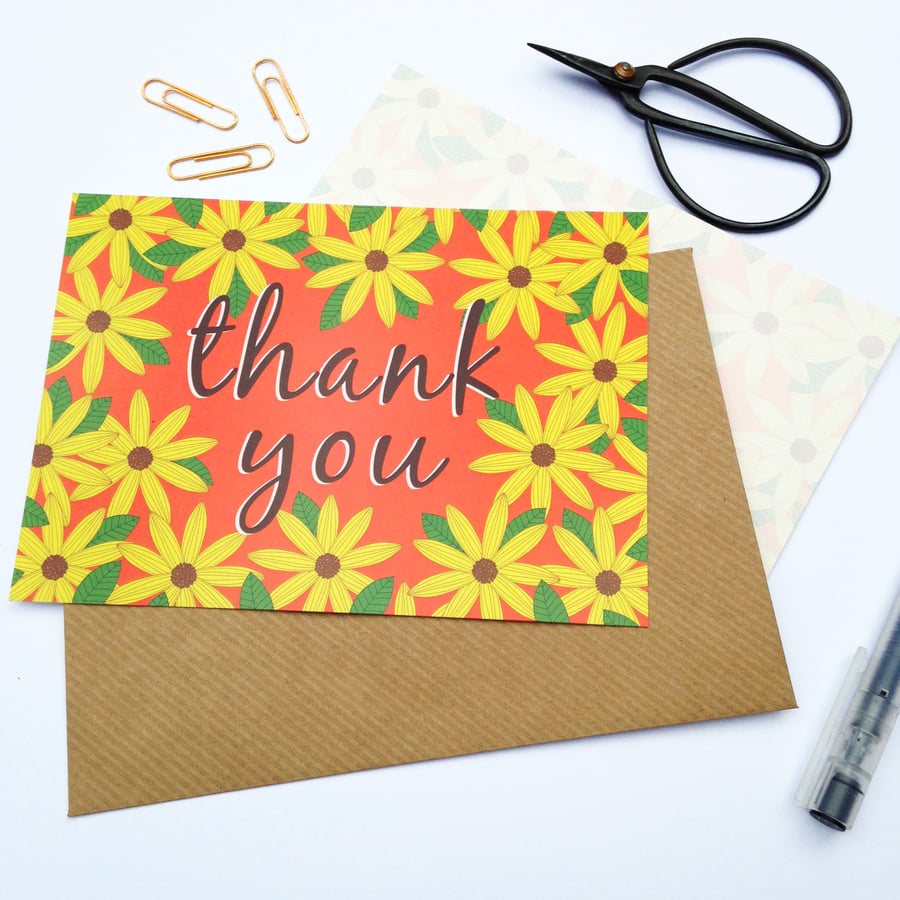 Pack of 10 Thank You Postcards with Brown Kraft Envelopes - Gerbera Orange