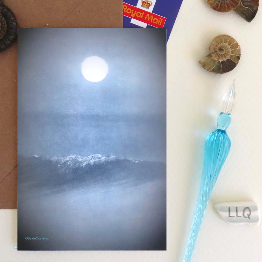 Moon and mist I full moon over the sea art greeting card notelet cello free