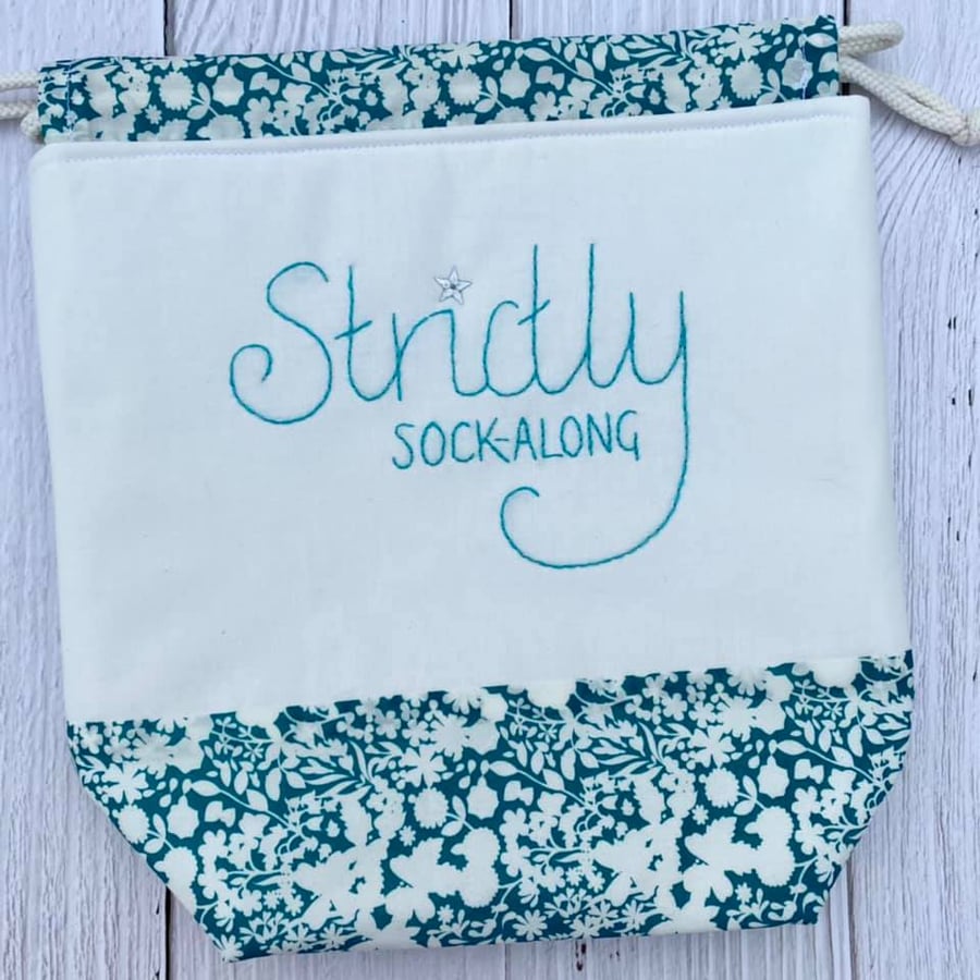 'Strictly Sock-Along' Project Bag with Hand Embroidery - Teal