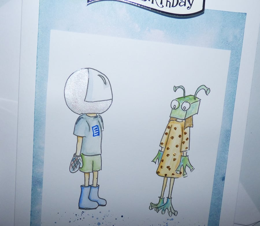 Spaceman and alien friends birthday card silver