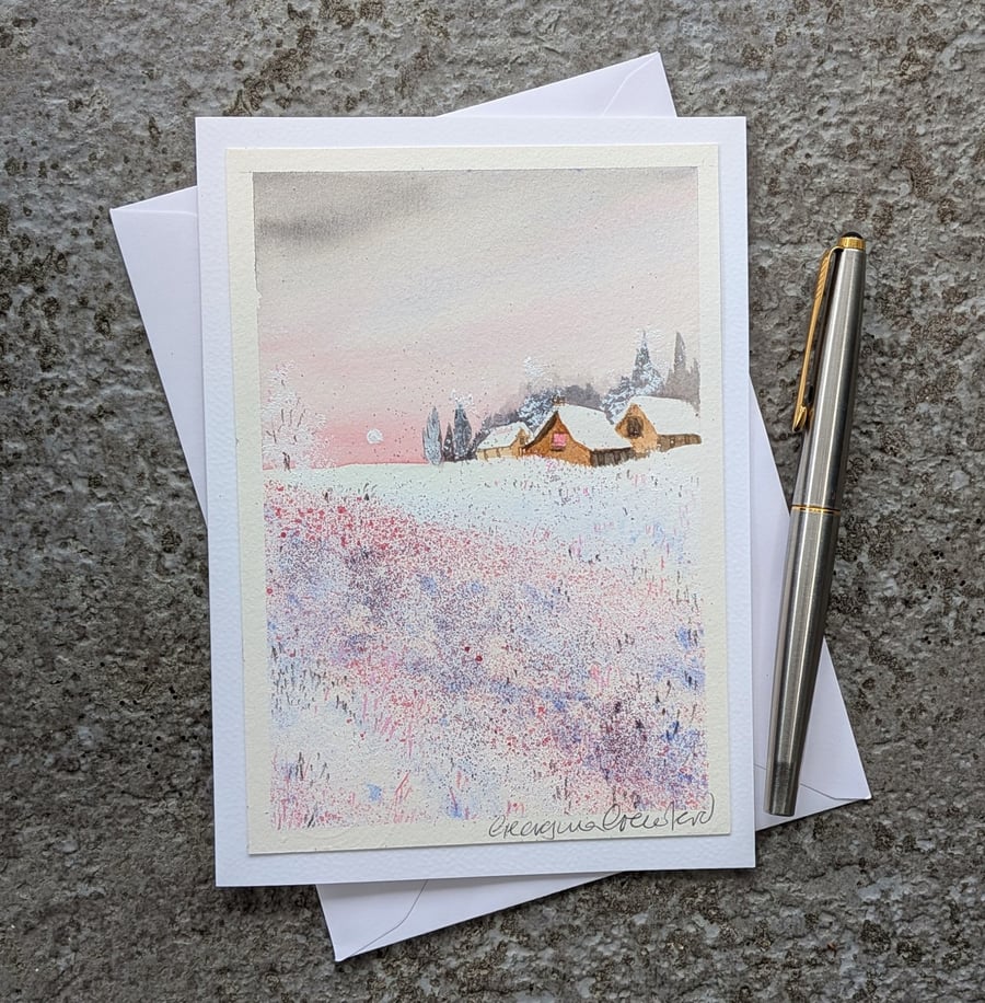Snowy Meadow. Blank Card. Original Painting. 260220