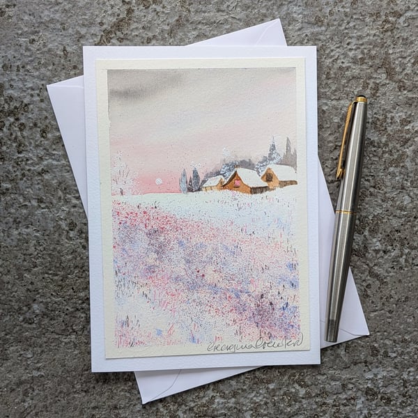 Snowy Meadow. Blank Card. Original Painting. 260220