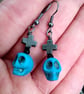 Gothic Blue Skull & Cross Black Plated Earrings - Image 3