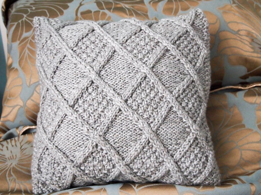 Grey hand knitted Aran design cushion 14"x14"