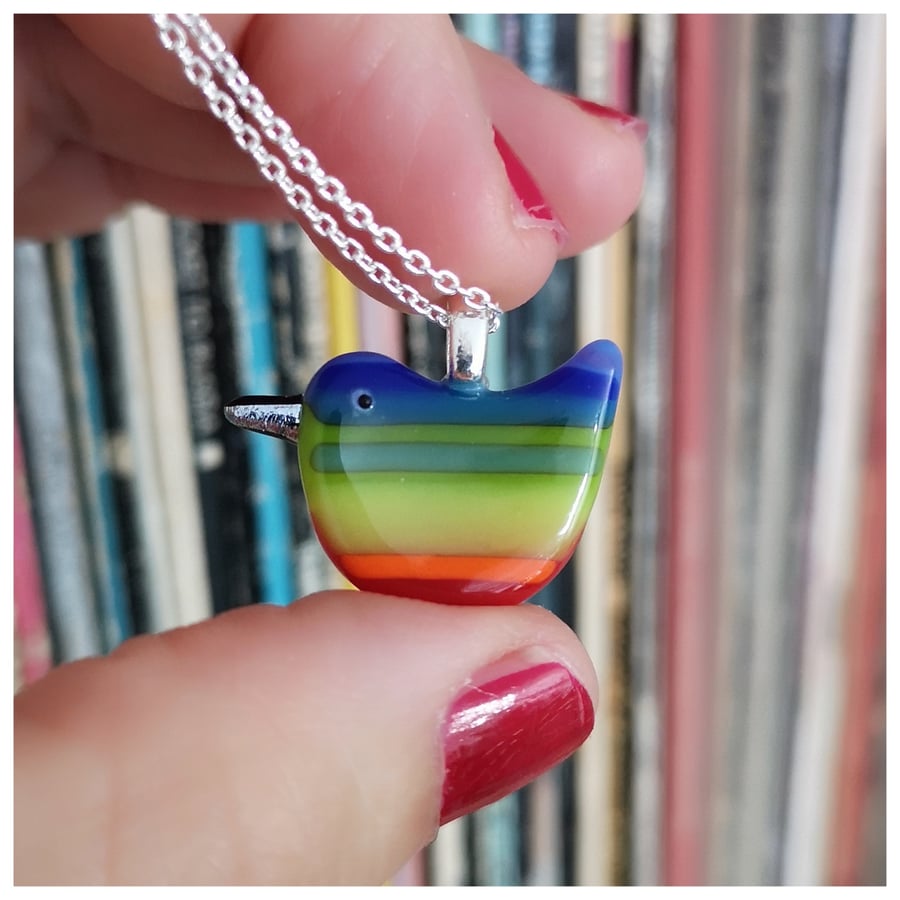  'Rainbow Wren of Hope' glass pendant with lime green body