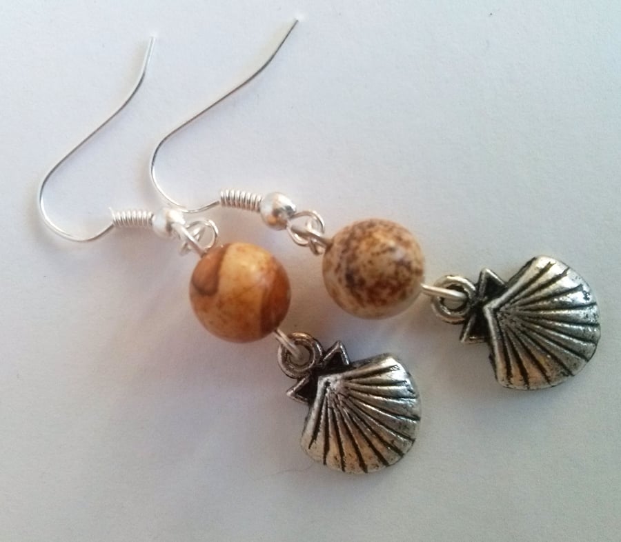 Beige Brown Picture Jasper Agate Shell Beach Holiday Earrings