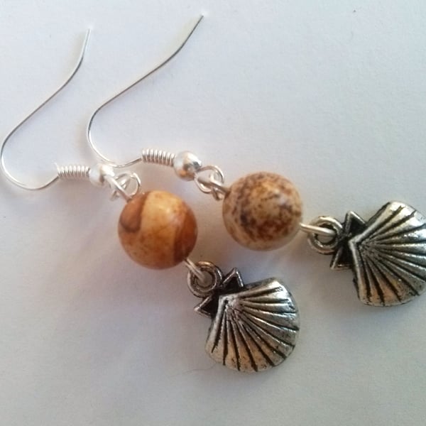 Beige Brown Picture Jasper Agate Shell Beach Holiday Earrings