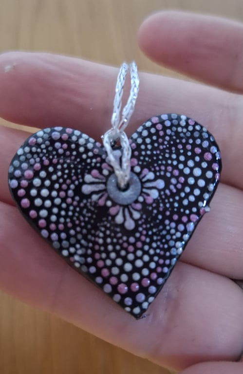 Dot Mandala Hanging heart in Pink & Silver 