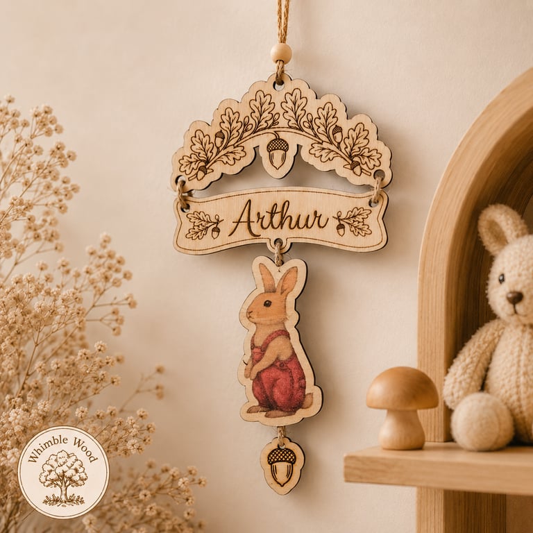 Personalised Arthur Rabbit Wooden Hanging Decoration , Woodland Nursery 
