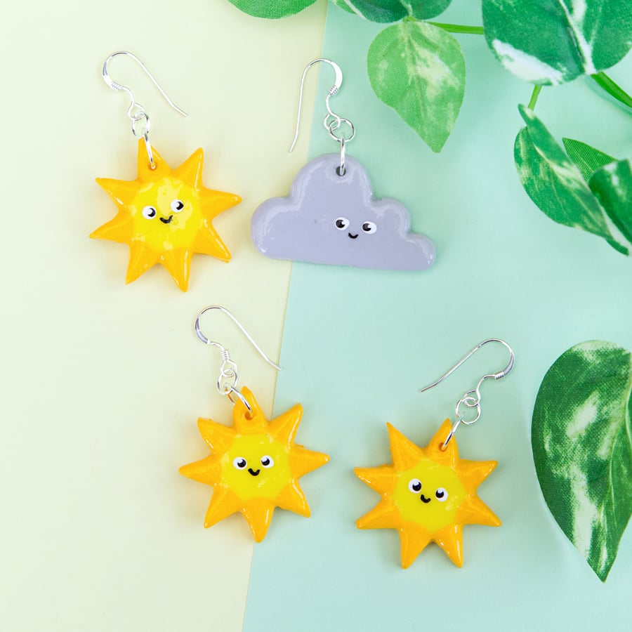 Sun and Cloud Polymer Clay Dangly Sterling Silver Earrings