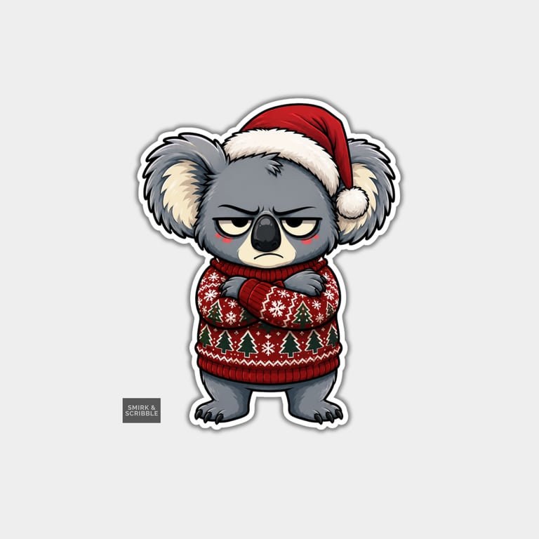 Funny Christmas Sticker Vinyl Xmas Decal For Adults - Sulking Koala In Santa Hat
