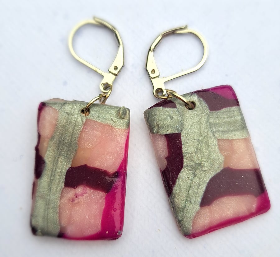 Rectangular polymer clay earrings, purple, silver, pink and burgundy