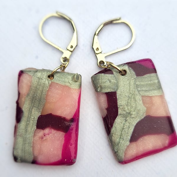 Rectangular polymer clay earrings, purple, silver, pink and burgundy
