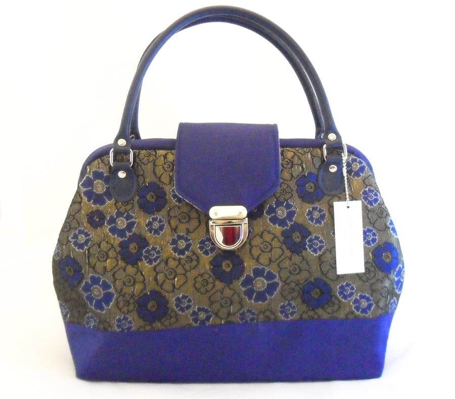 Blue and dark gold brocade handbag.