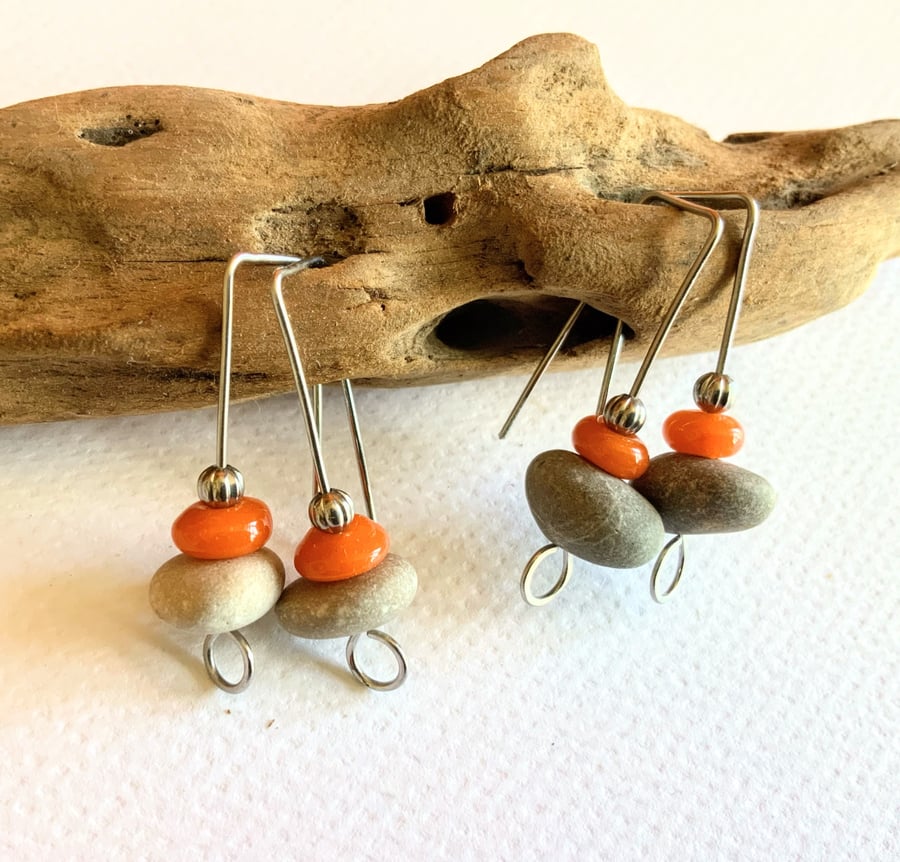 Pebble & Orange Bead Earrings