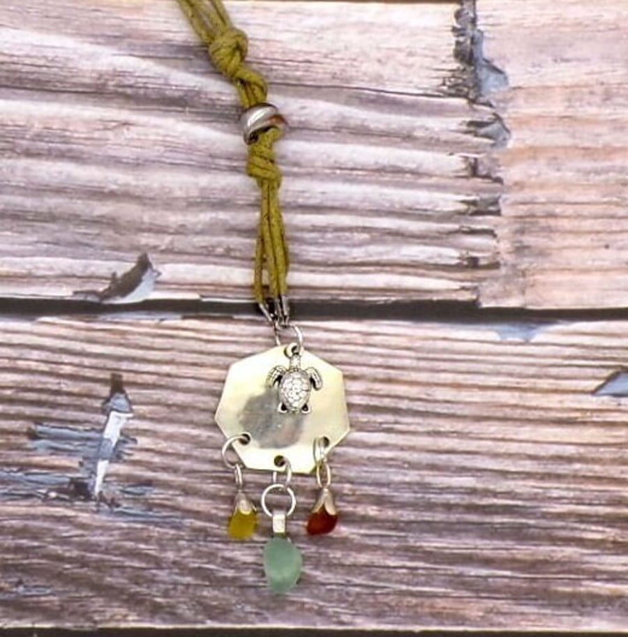 Cornish Seaglass And Hemp Pendant- 26 Inch- Turtle Charm- Beach Jewellery